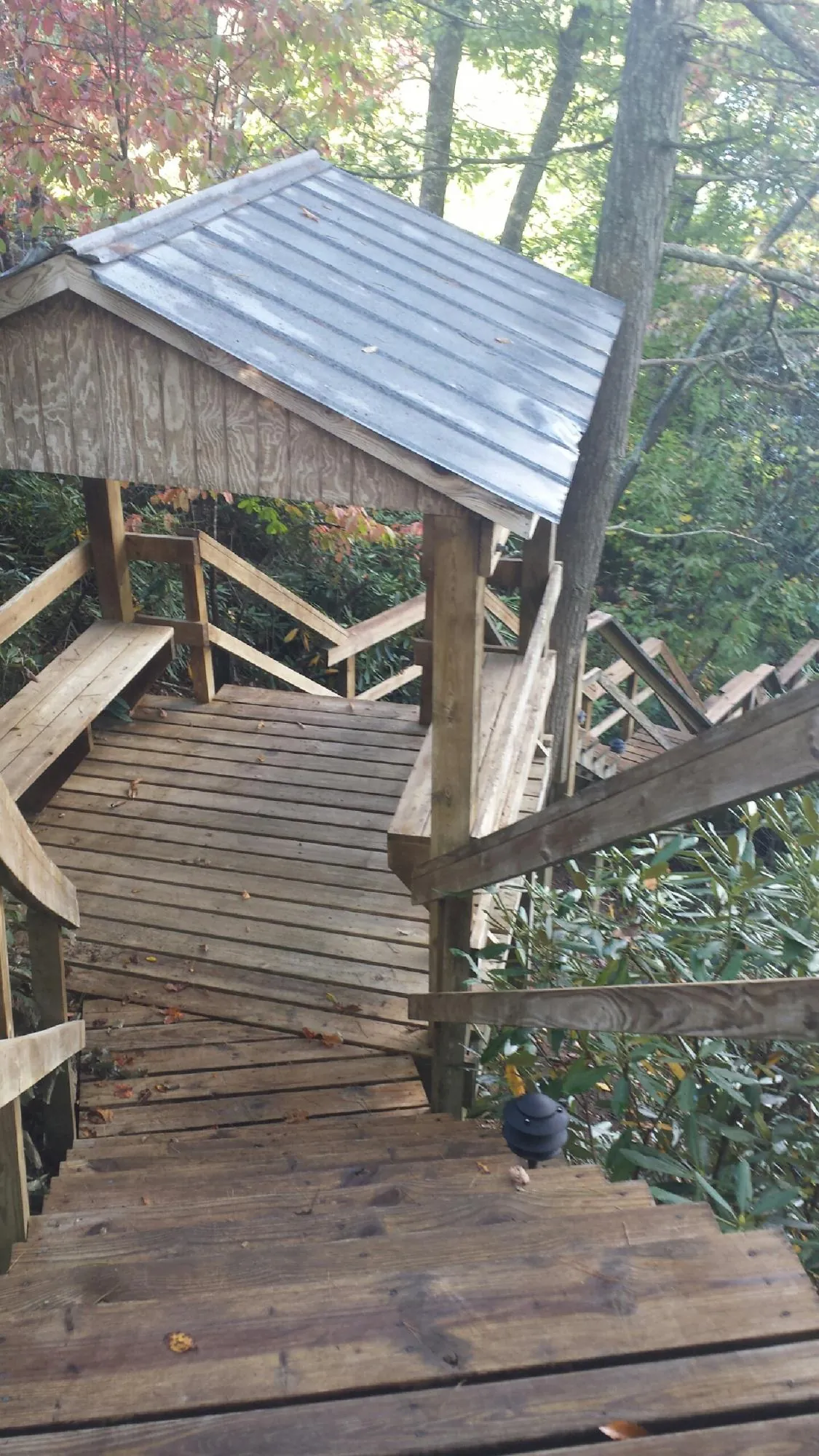 Metal roofed shelter over wooden steps on a wooded walkway — Skylight Repair & Installation work by our crew in Archbold